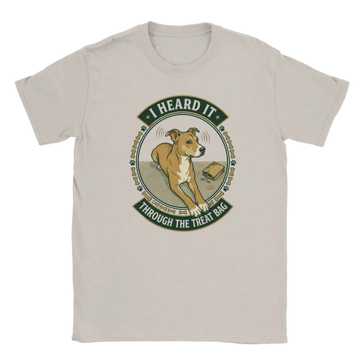 Vintage badge t-shirt of a tan mutt hearing a treat bag, I Heard It Through The Treat Bag